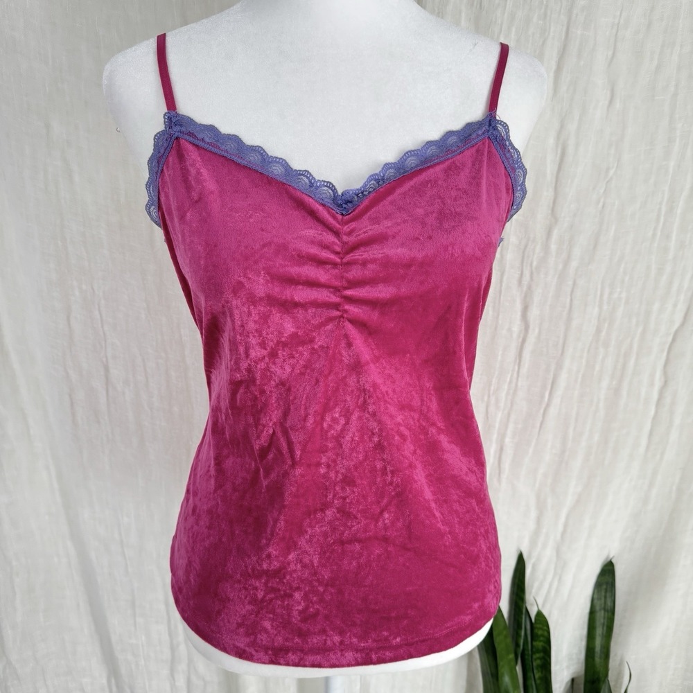 Y2K Hot Pink Cami Top M Coquette Fairy 2000s Bratz Indie Lace Trim Velvet VTG
